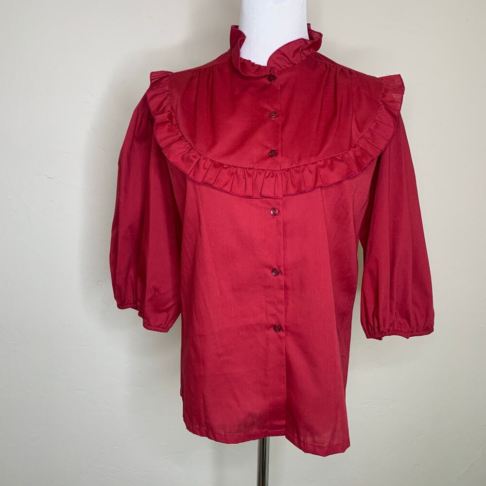 80s Vintage Burgundy Maroon Ruffle Peasant Boho Blouse Sz? Medium